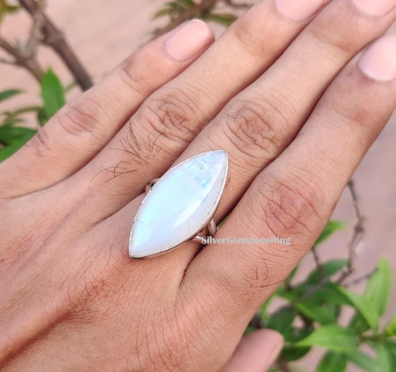 Marquise Moonstone Ring: 925 Sterling Silver Boho Statement Jewelry