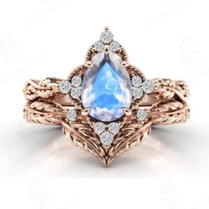 Pear Cut Moonstone Engagement Ring Set 14k Gold Moonstone 2 Piece Wedding Ring Set Art Deco Moonstone Bridal Promise Ring Set Gift For Women Pear Cut Moonstone Engagement Ring Set 14k Gold Moonstone 2 Piece Wedding Ring Set Art Deco Moonstone Bridal Promise Ring Set Gift For Women