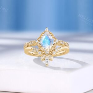 Pear Moonstone Wedding Band Set Vintage White Gold Bridal Set Side Stone - Moissanite Engagement Ring Set Promise Ring - Custom By HelloRing Pear Moonstone Wedding Band Set Vintage White Gold Bridal Set Side Stone - Moissanite Engagement Ring Set Promise Ring - Custom By HelloRing