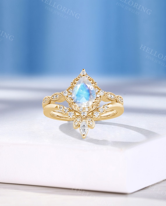 Pear Moonstone Wedding Band Set Vintage White Gold Bridal Set Side Stone - Moissanite Engagement Ring Set Promise Ring - Custom By Helloring