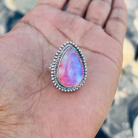 Pink Moonstone Ring, Handmade Jewellery, 925 Sterling Silver, Valentine Day Ring