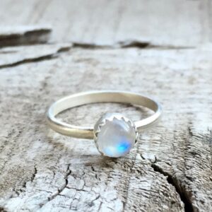 Small Dainty Round Moonstone Serrated Setting Sterling Silver Birthstone Ring | Moonstone Ring | Solitaire Ring | Boho | Engagement Ring