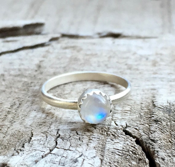 Small Dainty Round Moonstone Serrated Setting Sterling Silver Birthstone Ring | Moonstone Ring | Solitaire Ring | Boho | Engagement Ring
