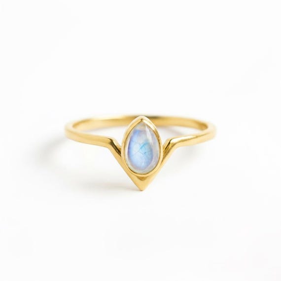 Teardrop Moonstone Ring: V-shaped 925 Sterling Silver, Stackable