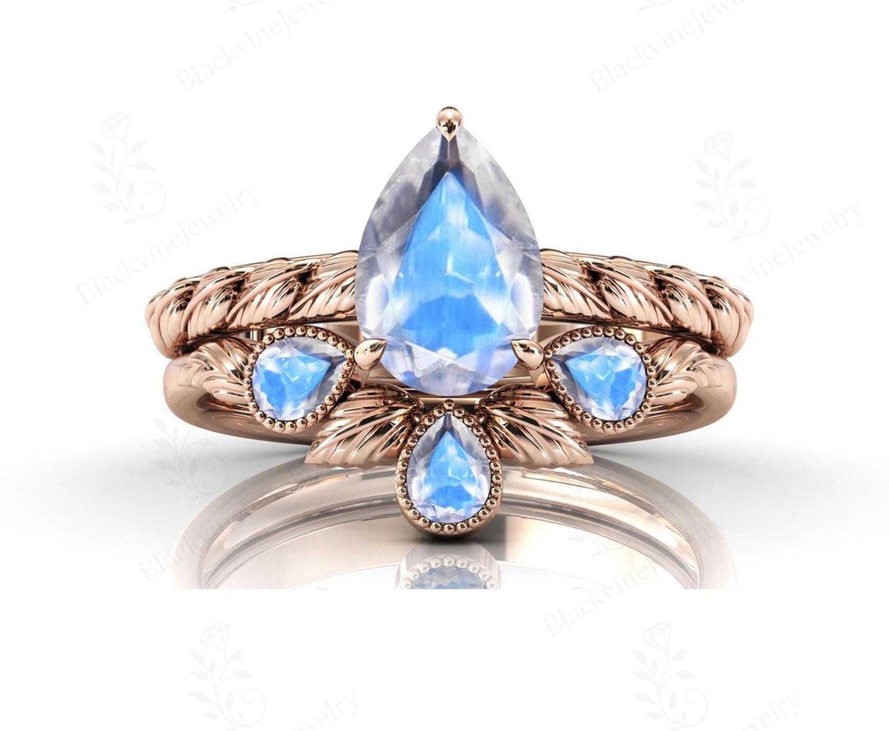 Vine Leaf Design Moonstone Engagement Ring Set Pear Cut Moonstone Wedding Ring Set 14k Gold Moonstone Bridal Ring Set Unique Promise Ring