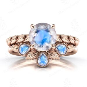 Vine Leaf Design Moonstone Engagement Ring Set Art Deco 2 Piece Wedding Ring Set 14k Gold Moonstone Bridal Ring Set Anniversary Ring Set Vine Leaf Design Moonstone Engagement Ring Set Art Deco 2 Piece Wedding Ring Set 14k Gold Moonstone Bridal Ring Set Anniversary Ring Set