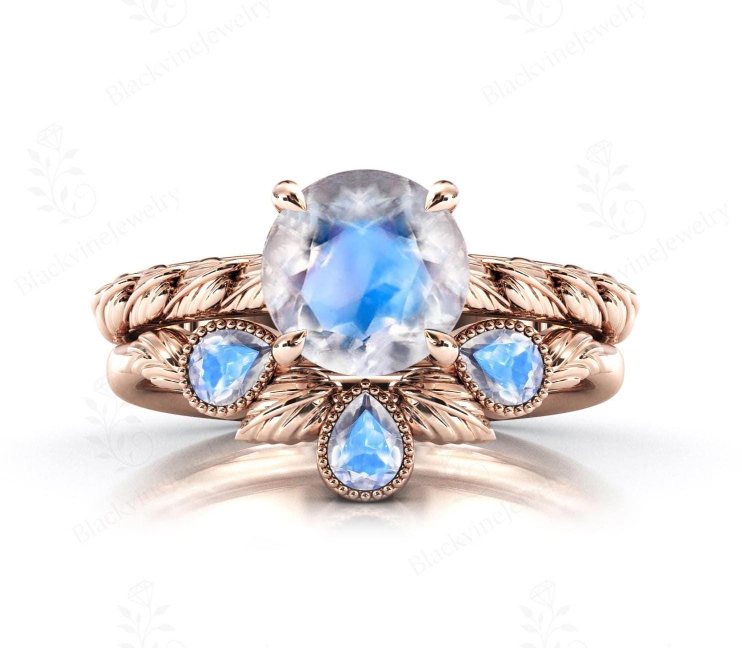 Vine Leaf Design Moonstone Engagement Ring Set Art Deco 2 Piece Wedding Ring Set 14k Gold Moonstone Bridal Ring Set Anniversary Ring Set