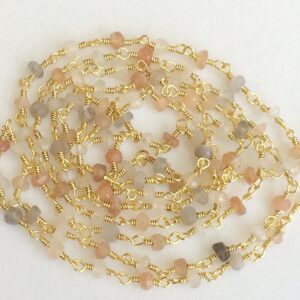3mm Multi Moonstone Faceted Rondelle Bead Connector Chains In 925 Silver Gold Plate Wire Wrapped Rosary Style Chain ( 1foot To 5feet Option)