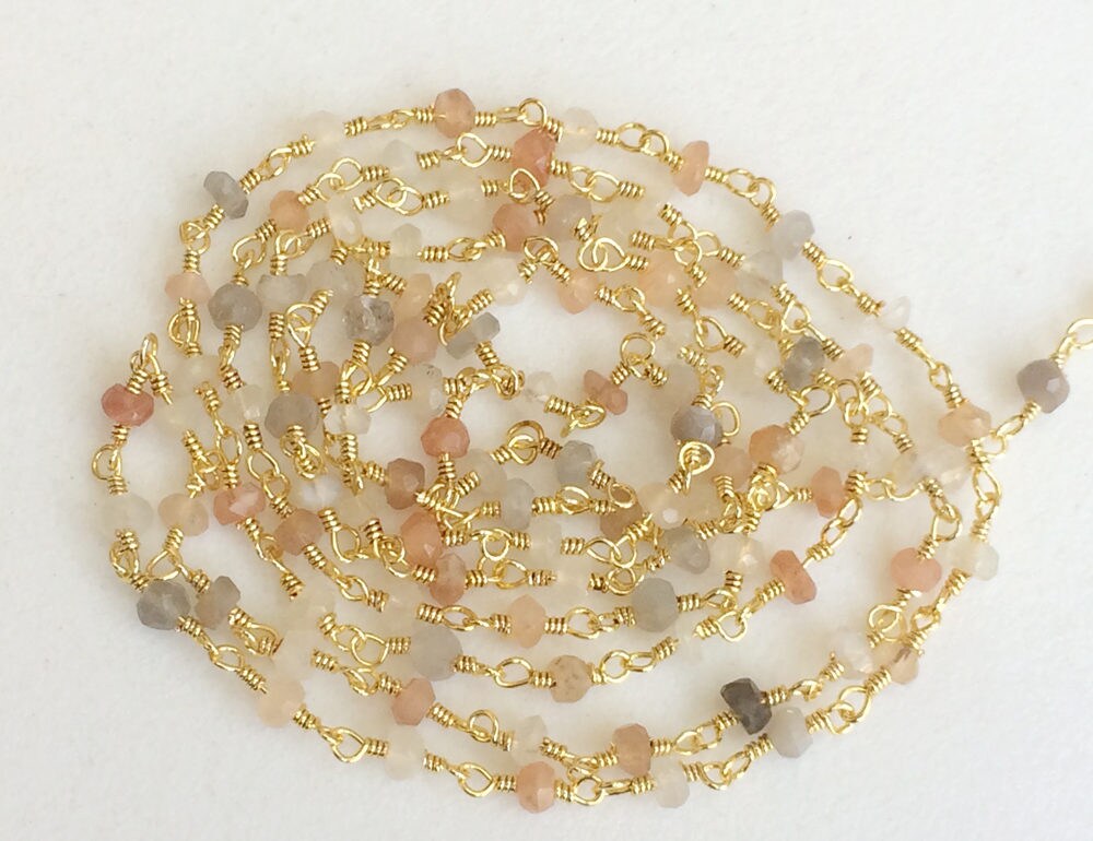 3mm Multi Moonstone Faceted Rondelle Bead Connector Chains In 925 Silver Gold Plate Wire Wrapped Rosary Style Chain ( 1foot To 5feet Option) 3mm Multi Moonstone Faceted Rondelle Bead Connector Chains In 925 Silver Gold Plate Wire Wrapped Rosary Style Chain ( 1foot To 5feet Option)