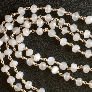 4mm White Moonstone Faceted Rondelle Beads In 925 Silver Wire Wrapped Rosary Style Chain Moonstone Beaded Chain ( 1 Foot To 5 Feet Options)