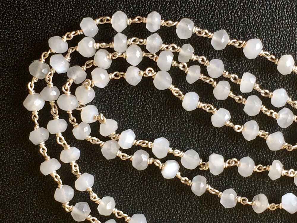 4mm White Moonstone Faceted Rondelle Beads In 925 Silver Wire Wrapped Rosary Style Chain Moonstone Beaded Chain ( 1 Foot To 5 Feet Options) 4mm White Moonstone Faceted Rondelle Beads In 925 Silver Wire Wrapped Rosary Style Chain Moonstone Beaded Chain ( 1 Foot To 5 Feet Options)