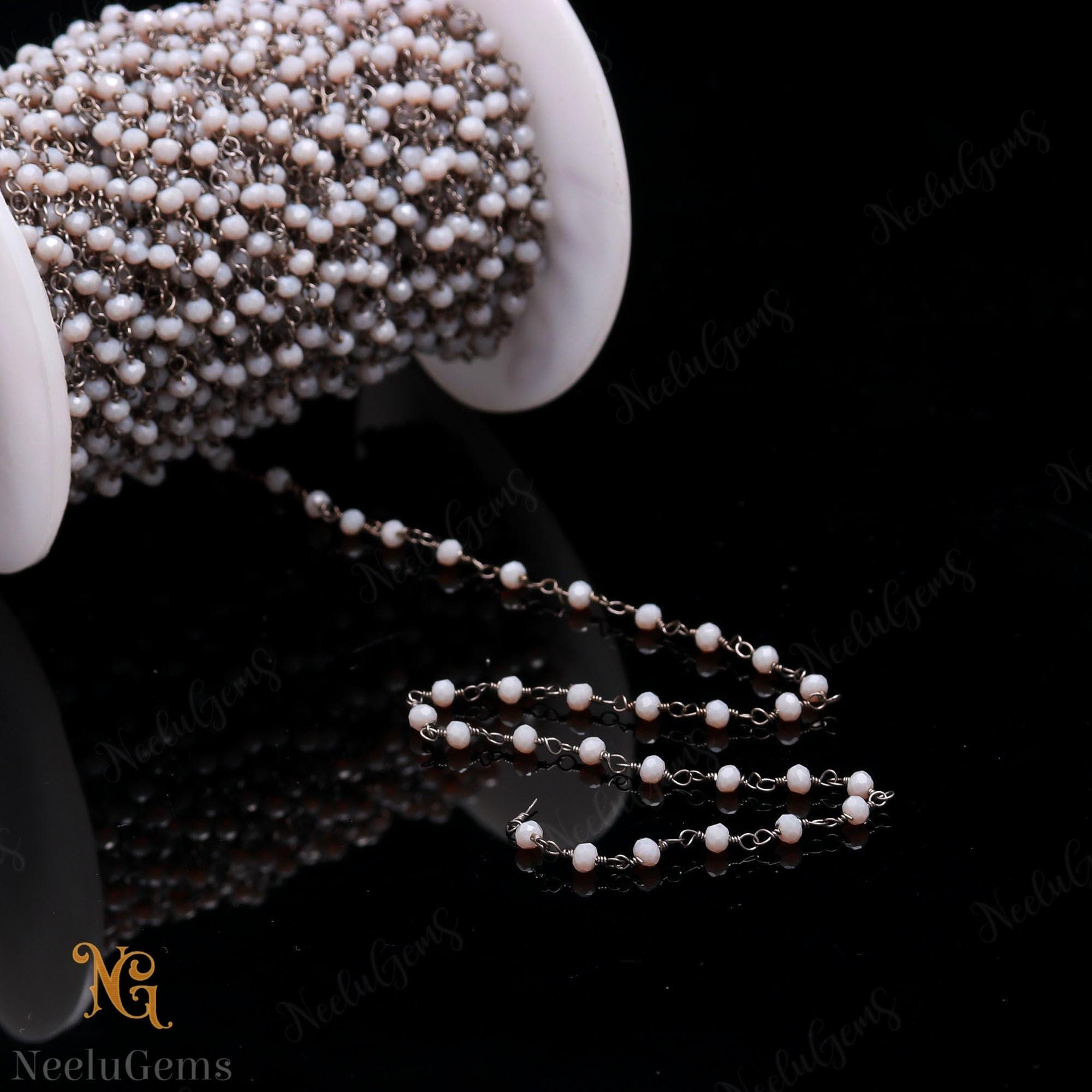 Beautiful Gray Moonstone Hydro Rondelle Beads Chain,3 Mm Black Plated Wire Wrap Microcut Beaded Chain,rosary Chain For Handmade Jewelry