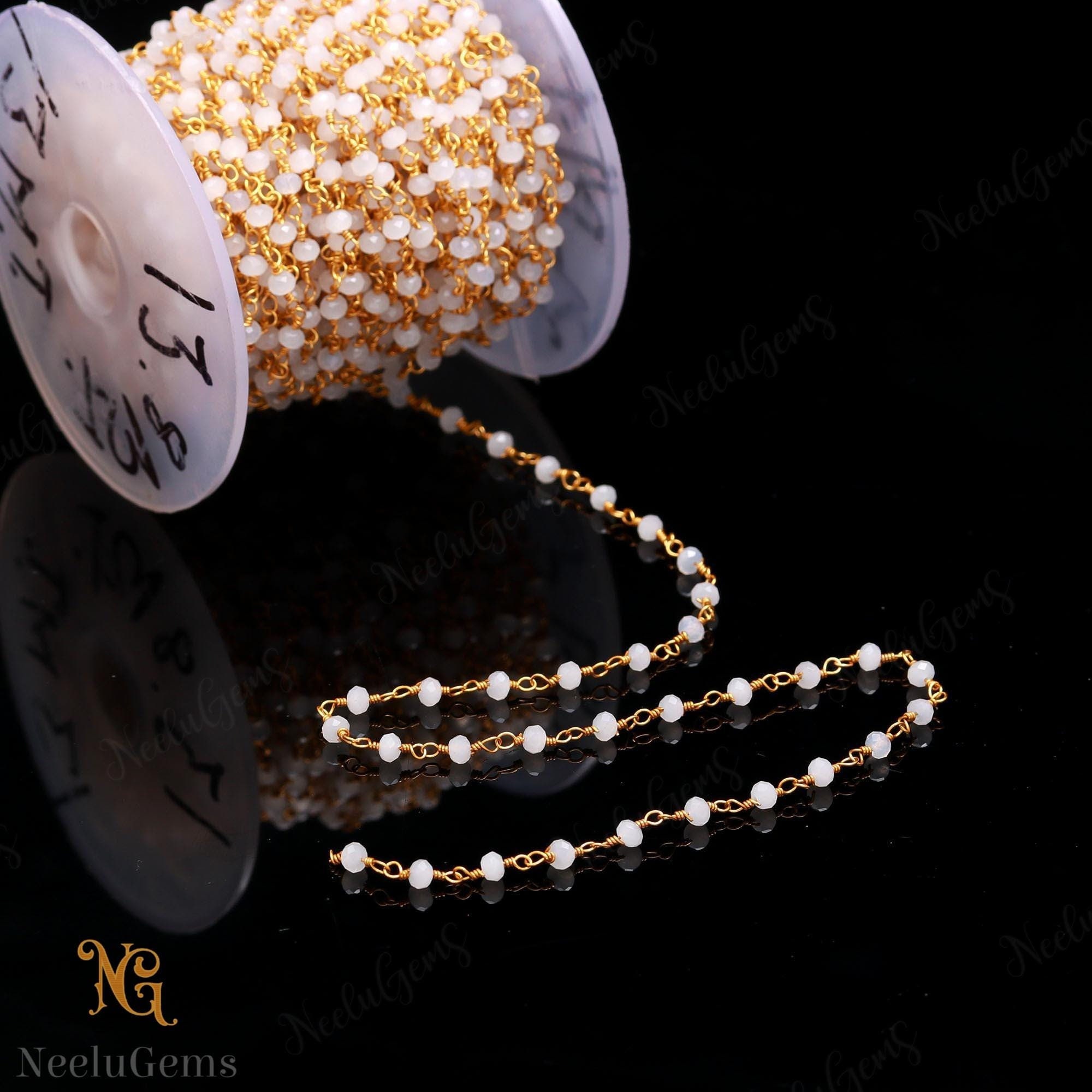 Beautiful White Moonstone Hydro Rondelle Beads Chain,3 Mm Gold Plated Wire Wrap Microcut Beaded Chain,rosary Chain For Handmade Jewelry