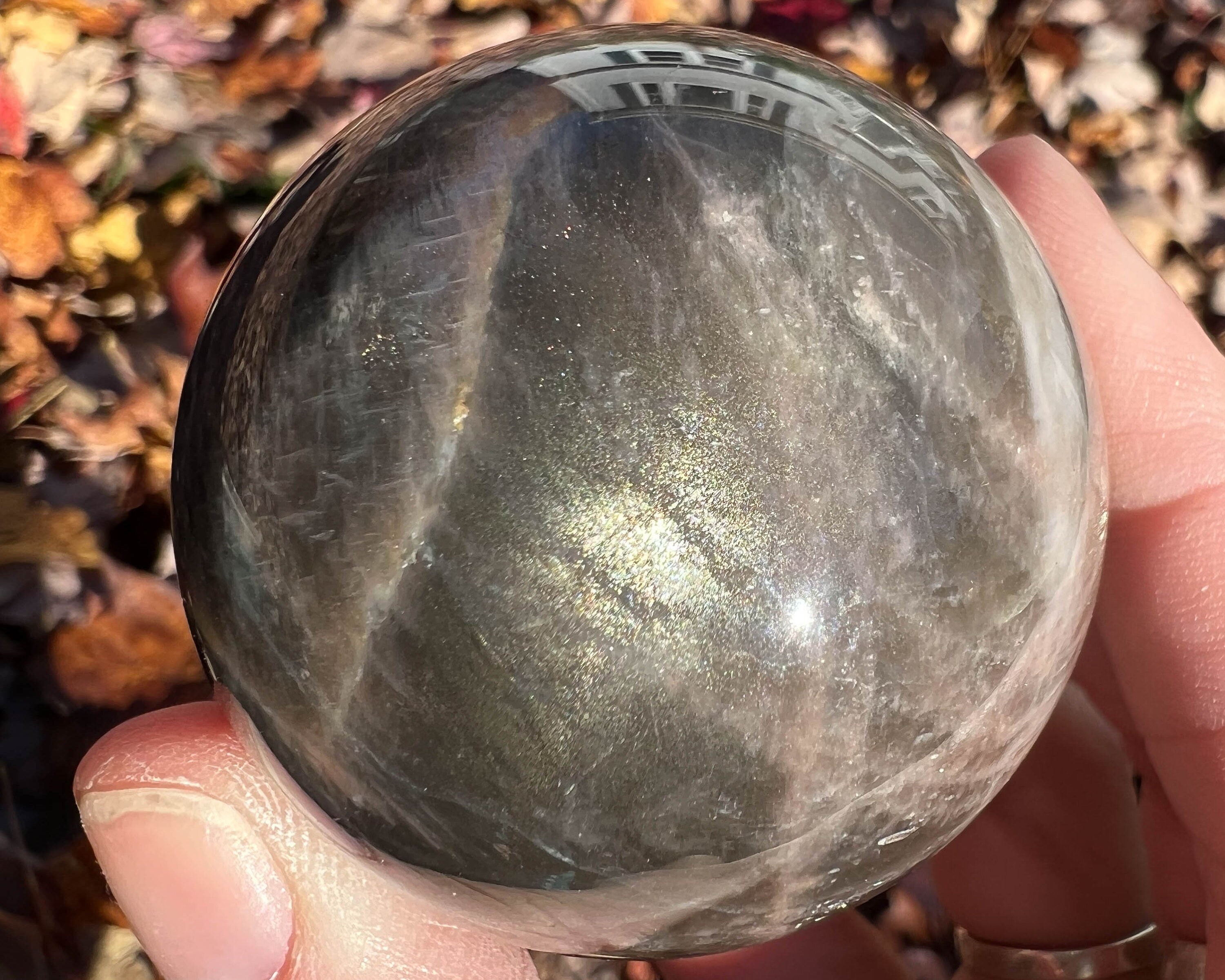 1.9" Black Moonstone Sphere, Gold Shimmer, Silver Sheen, High Quality Crystal Ball, Home Decor, Crystal For Cancer, Libra, Witchy Gift #1