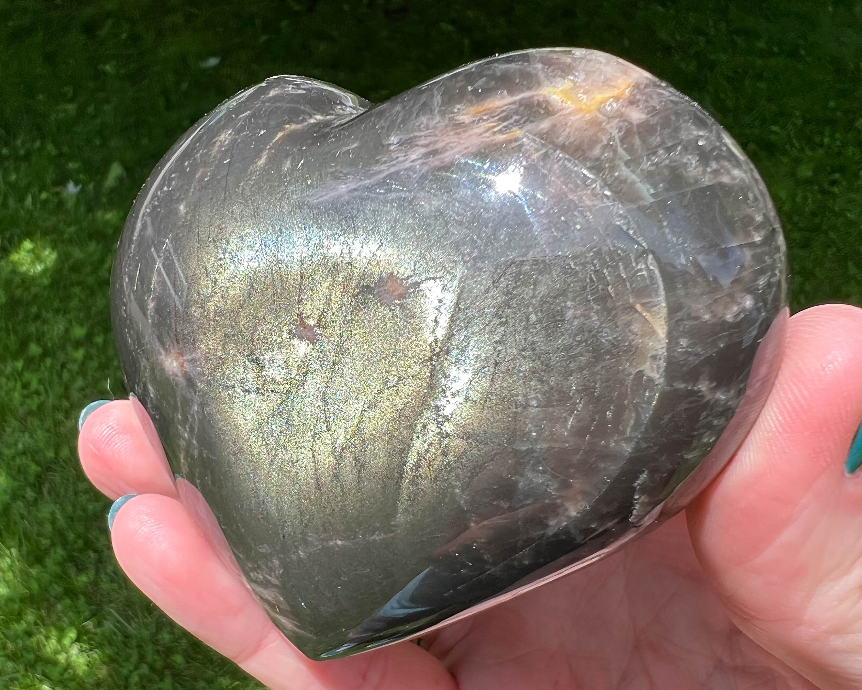 3.4" Black Moonstone Crystal Heart #6 Gold Shimmer, Silver Flash, Large Gemstone Heart, Home Accents, Witchy , For Mom, For Him