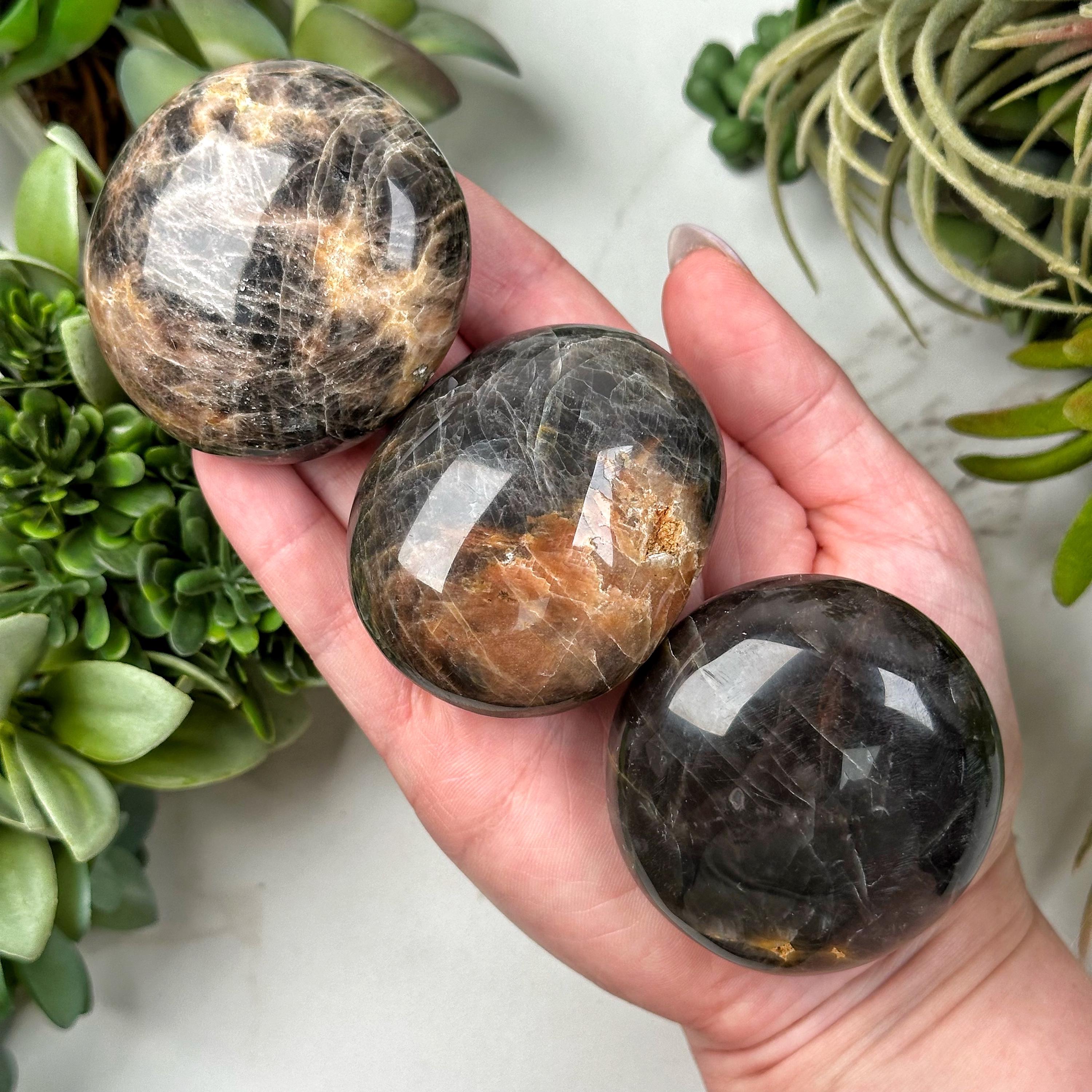 Black Moonstone Palmstone | S, L | - No. 103 (polished Crystal Pocket Stone Palm, Root Chakra, Grounding)