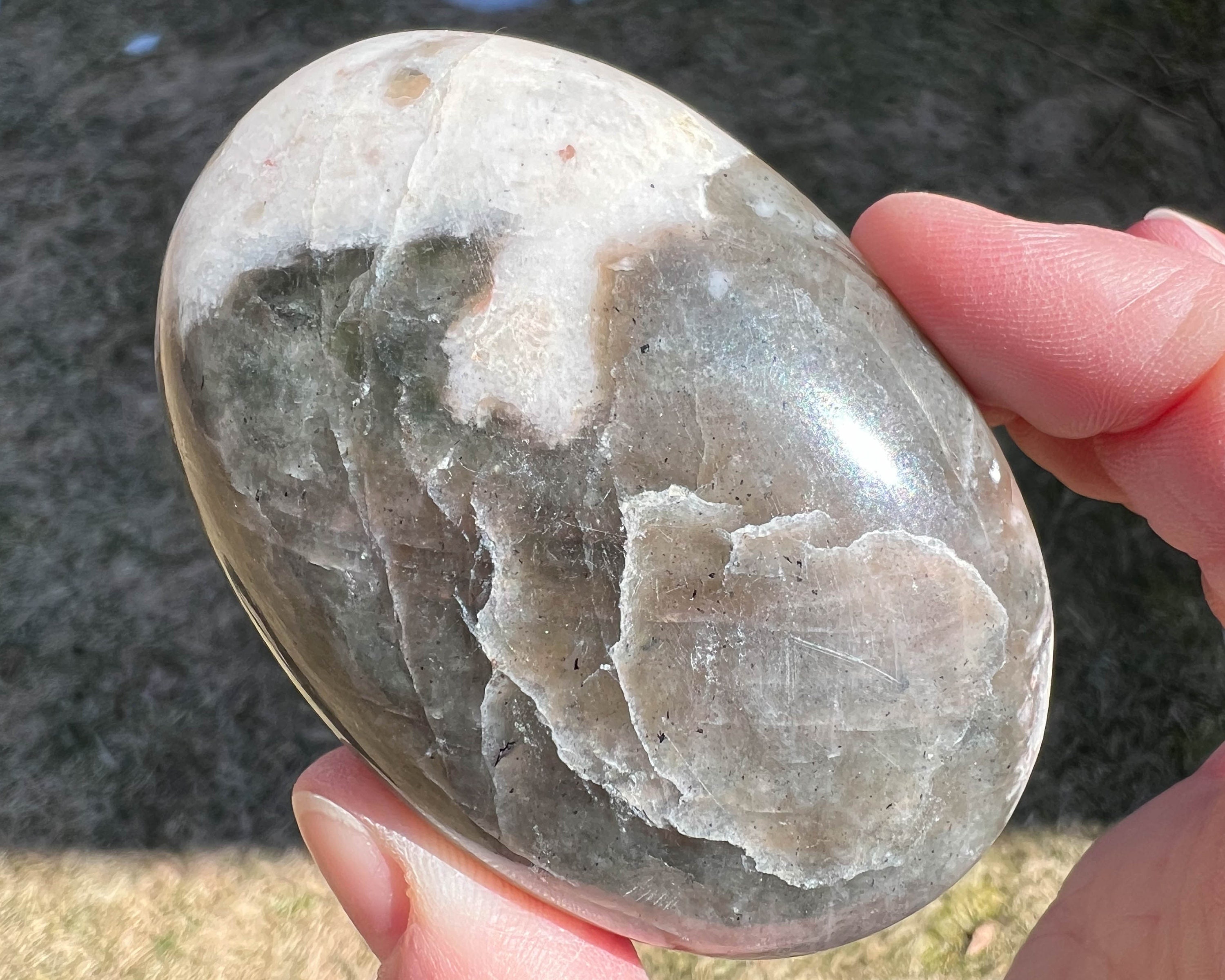 Polarity Moonstone Palm Stone, Large Cat's Eye Feldspar, Smooth Flashy Crystal #1