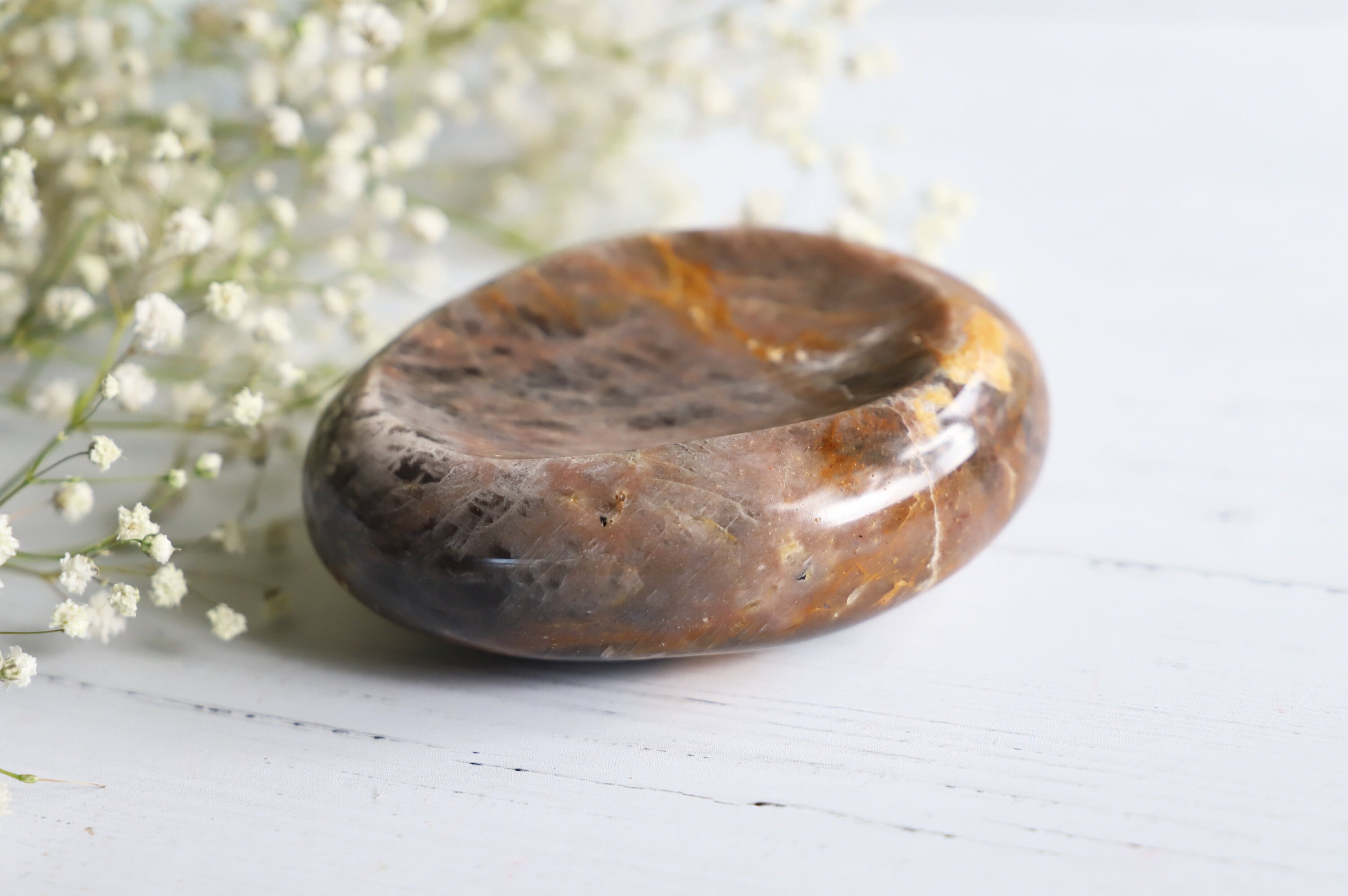Polished Black Moonstone Dish: Flashy Crystal Bowl (4.25" X 3.25" X 1.25")