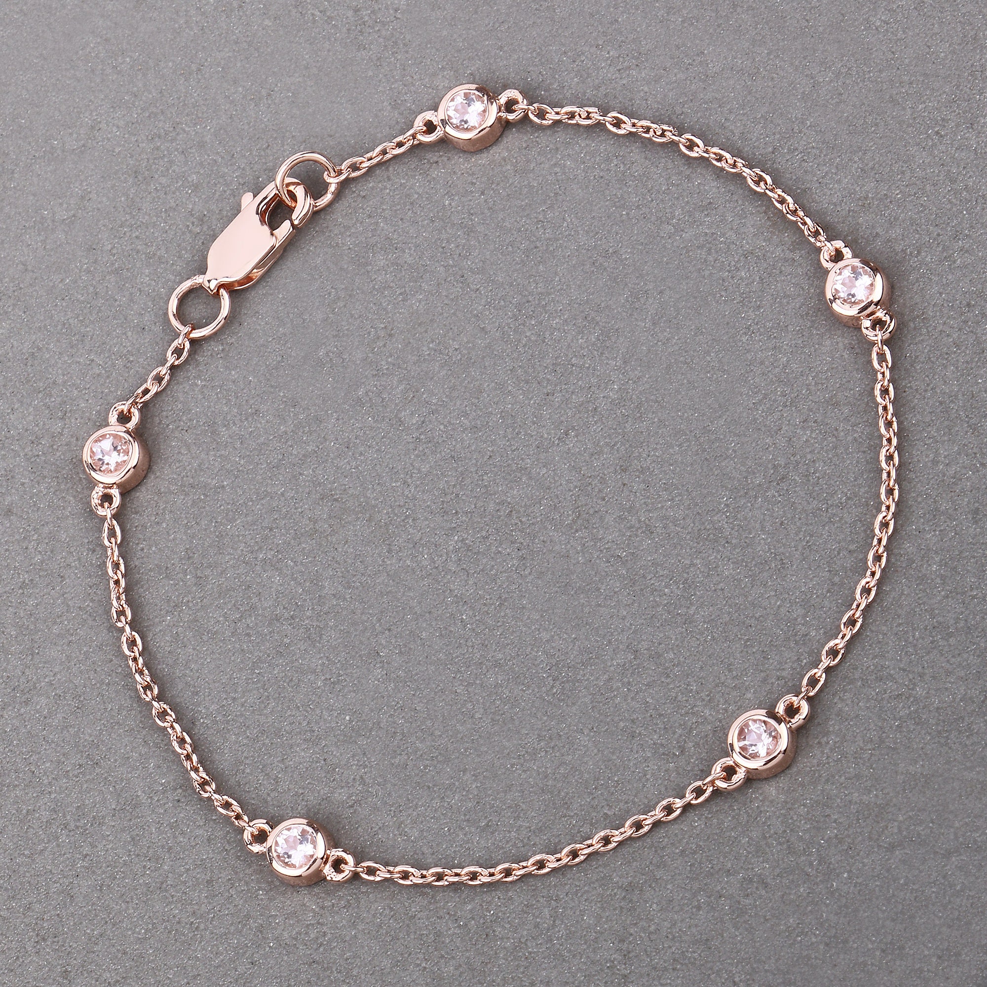 18k Rose Gold Plated Sterling Silver Morganite By The Yard Bracelet, Pink Bracelet, Dainty Station Bracelet, Bezel Bracelet, Gift For Her