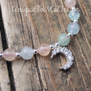 Morganite Beaded Bracelet: Sterling Silver Crescent Moon, Natural Gemstone