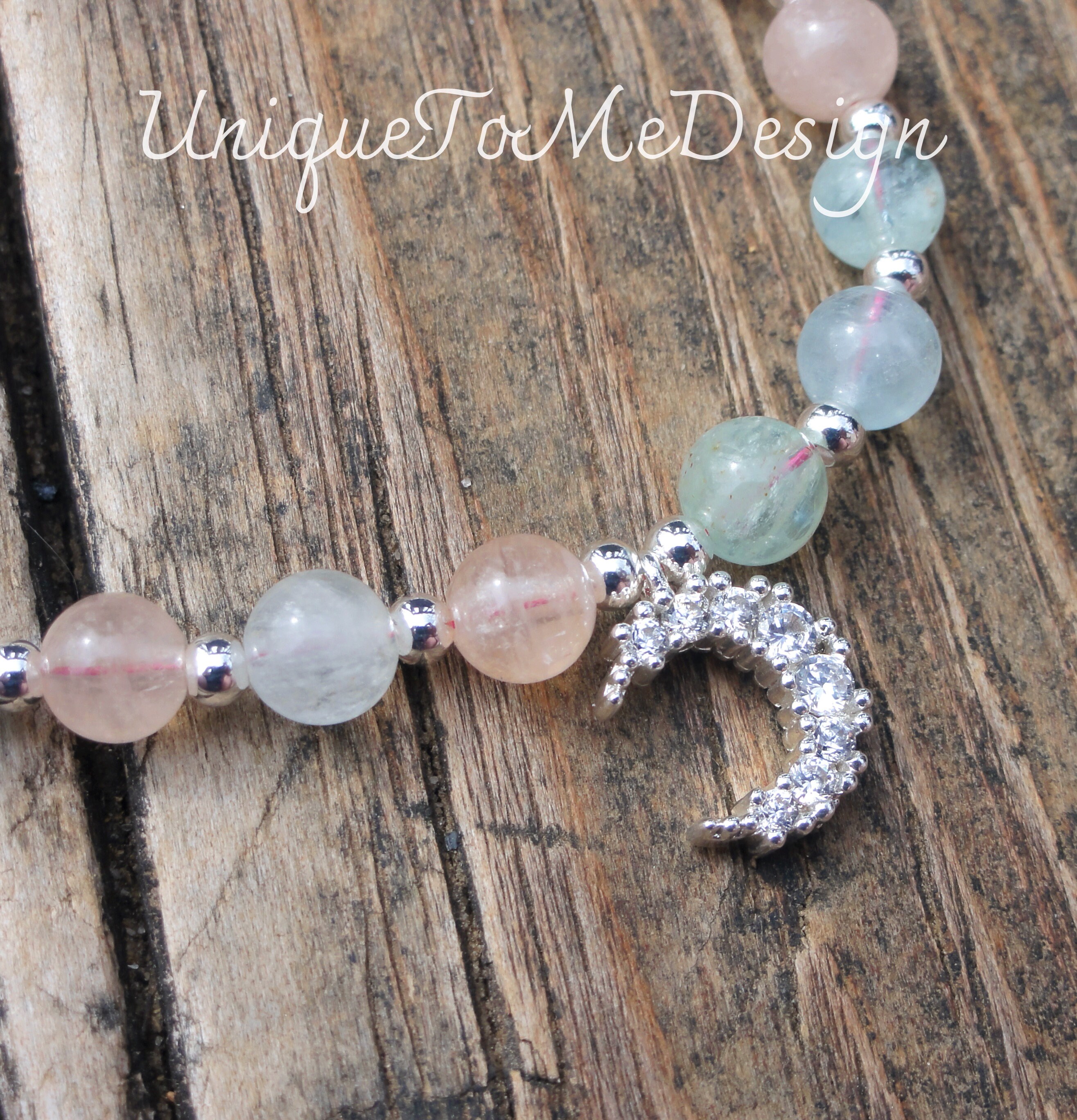 Morganite Beaded Bracelet: Sterling Silver Crescent Moon, Natural Gemstone Morganite Beaded Bracelet: Sterling Silver Crescent Moon, Natural Gemstone