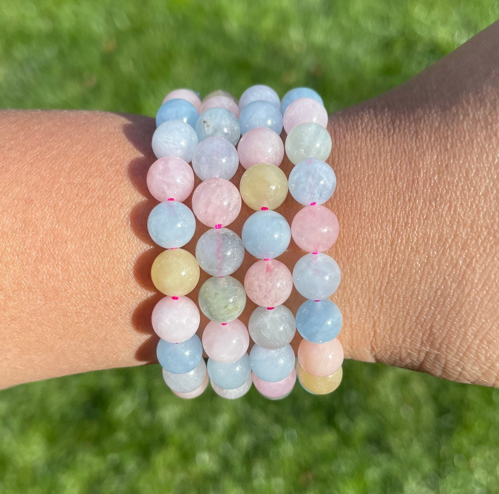 Morganite Crystal Bracelet: Round Gemstone Beaded Jewelry