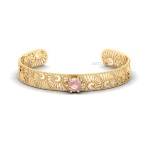 Morganite Gemstone Bangle, Wave Jali Pattern Gold Finish Adjustable Bangle Bracelete For Women, High Quality Bangle For Birthday Gift