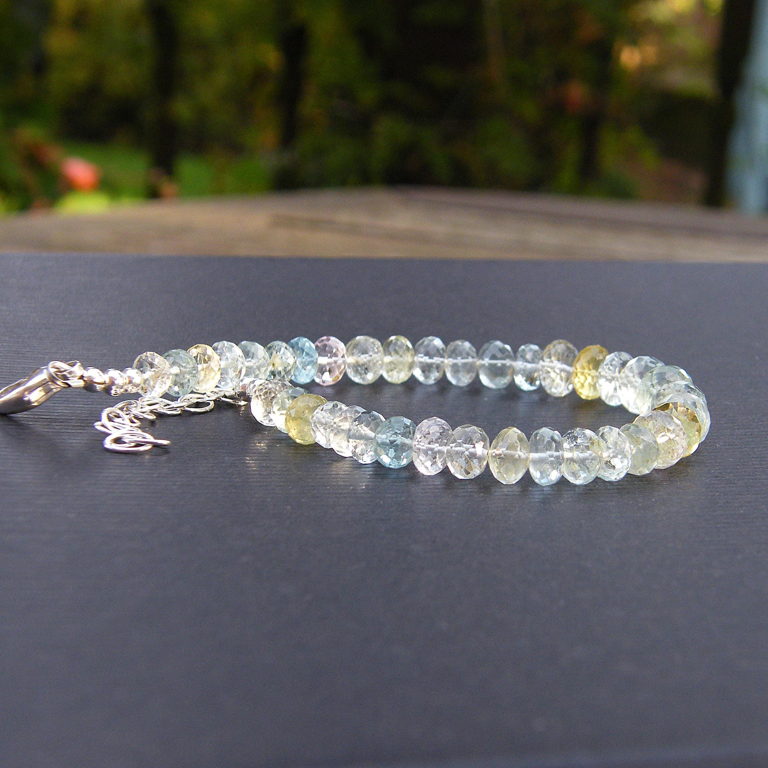 Large Beryl Bracelet In Sterling Silver With Green And Blue Aquamarine, Golden Heliodor, Morganite; Transparent Clarity And Adjustable Large Beryl Bracelet In Sterling Silver With Green And Blue Aquamarine, Golden Heliodor, Morganite; Transparent Clarity And Adjustable