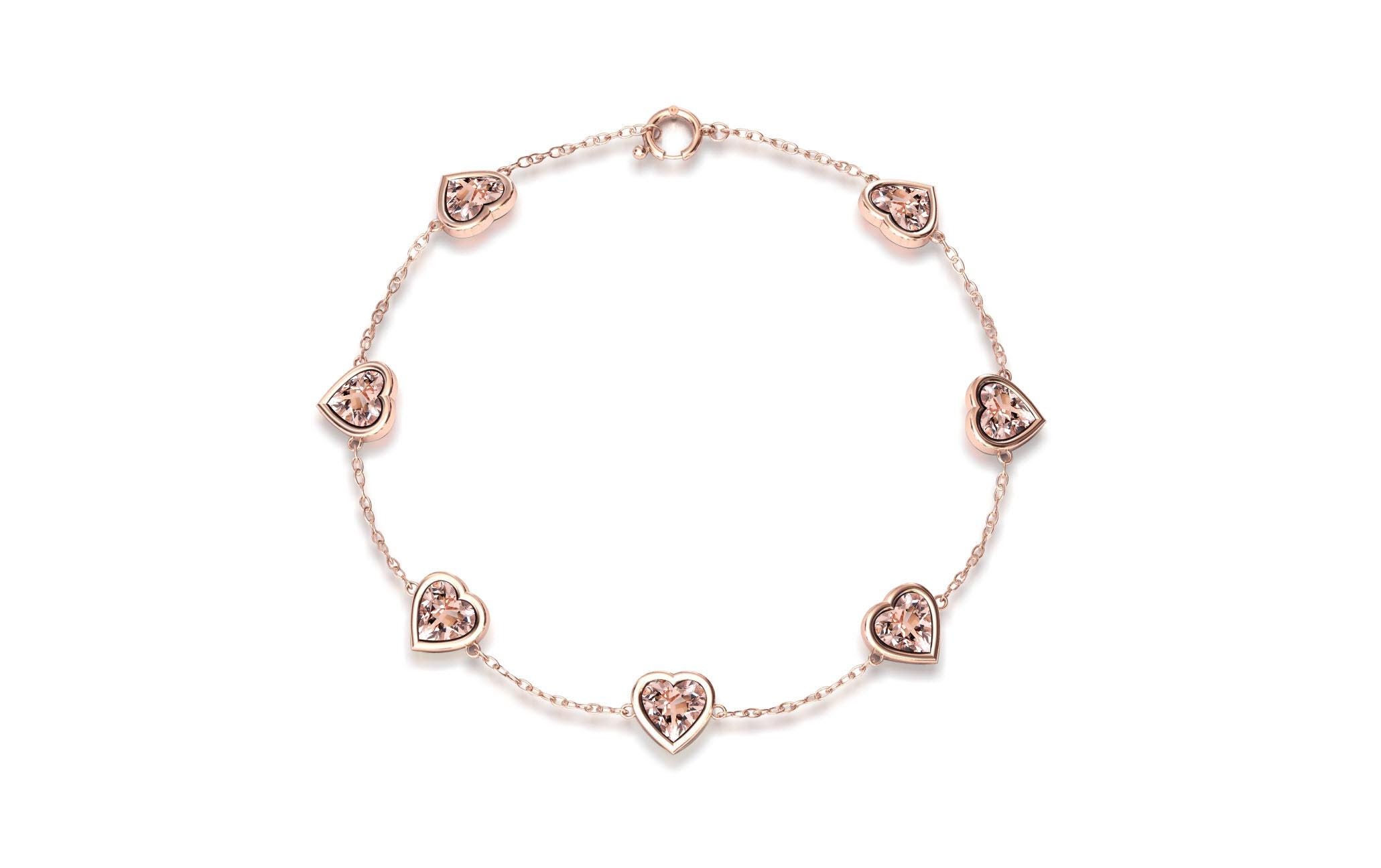 Natural Morganite Heart Charm Bracelet 925 Sterling Silver Morganite Bracelet Unique Gold Chain Bracelet Bezel Set Morganite Bracelet Gifts