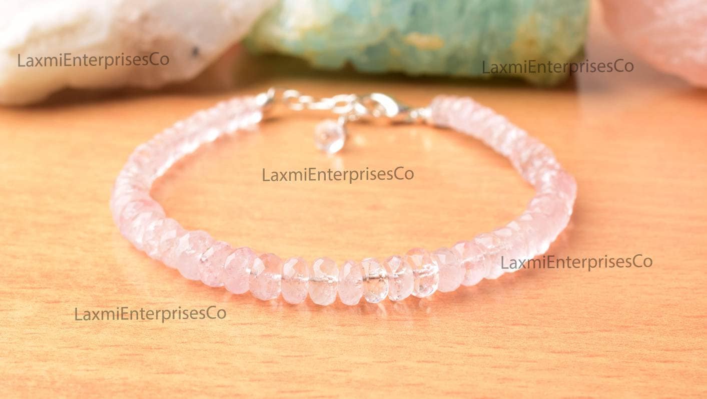 Natural Morganite Bracelet In 925 Sterling Silver, Pink Gemstone Beaded Bracelet, Dainty Jewelry, Handmade Gift For Her