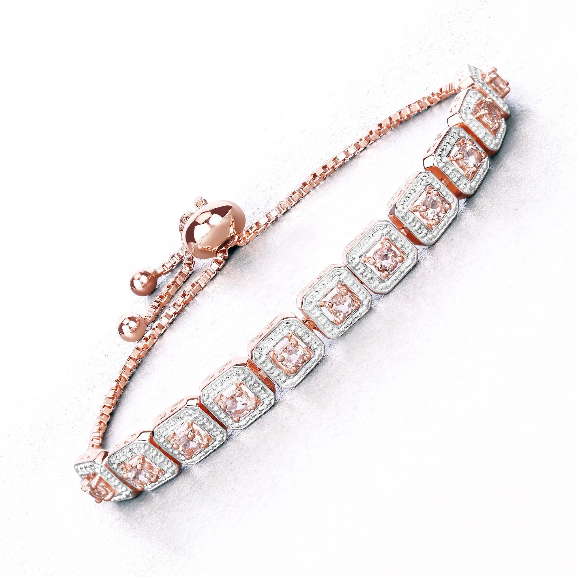 Morganite Bracelet, Natural Morganite Round Bolo Bracelet In .925 Sterling Silver With 18 Karat Rose Gold Plating, Gift For Her Morganite Bracelet, Natural Morganite Round Bolo Bracelet In .925 Sterling Silver With 18 Karat Rose Gold Plating, Gift For Her