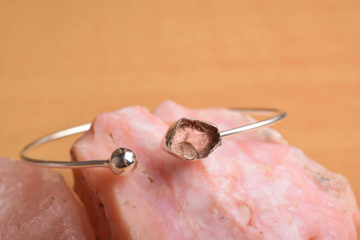 Raw Morganite Bracelet In 925 Silver, Natural Gemstone Cuff Bangle, Rough Crystal Bracelet, Birthstone Jewelry, Handmade Gift For Her