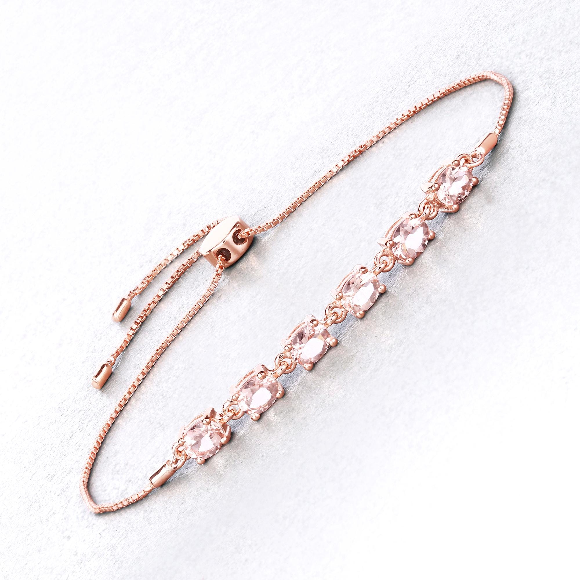 Morganite Bracelet, Real Morganite Bolo Bracelet In .925 Sterling Silver With 18 Karat Rose Gold Plating, Anniversary Gift, Gift For Her