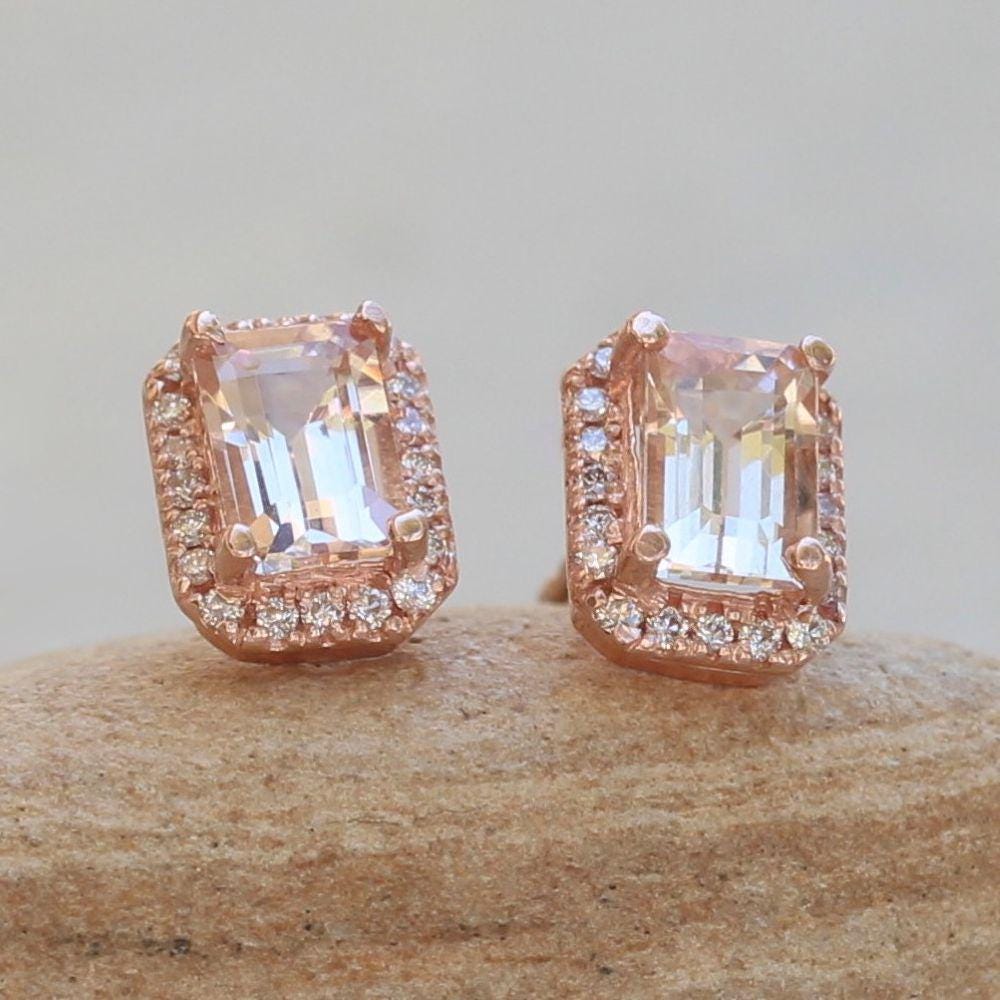 Classic Morganite Halo Earrings Emerald Cut With White Diamonds, Lifetime Care Plan Included, Genuine Gems And Diamonds Ls6107