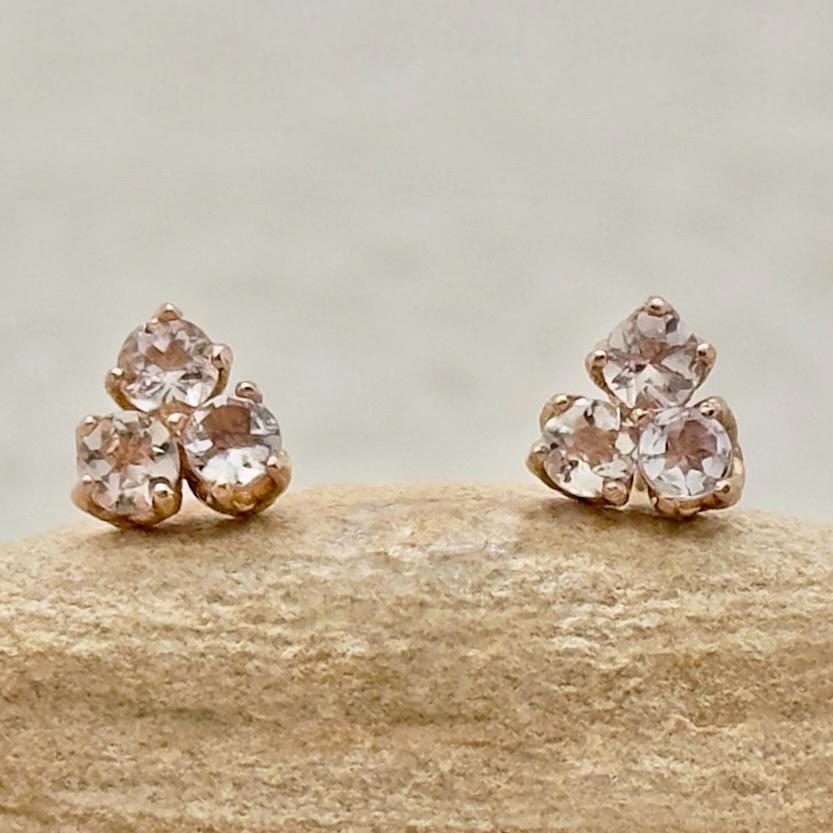 Morganite Cluster Earrings, Three Stone Stud Earrings, Flower Prongs, Lifetime Care Plan Included, Genuine Gems Ls6862 Morganite Cluster Earrings, Three Stone Stud Earrings, Flower Prongs, Lifetime Care Plan Included, Genuine Gems Ls6862