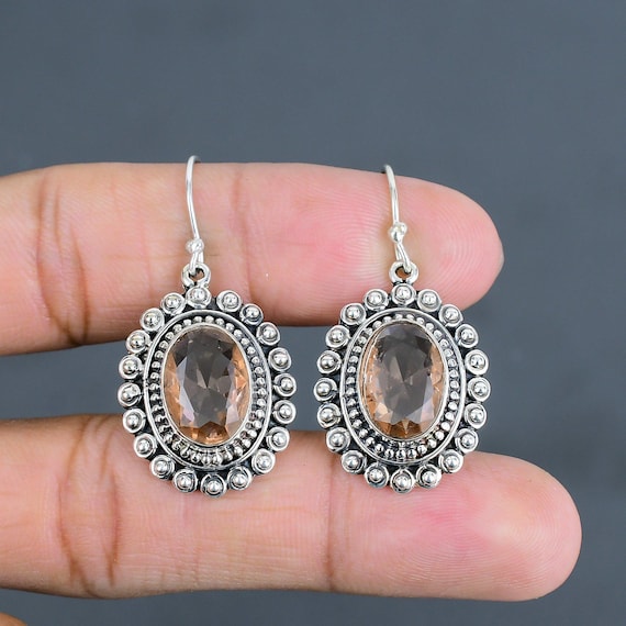 Faceted Morganite Dangle Earrings: Handmade 925 Sterling Silver Vintage Jewelry