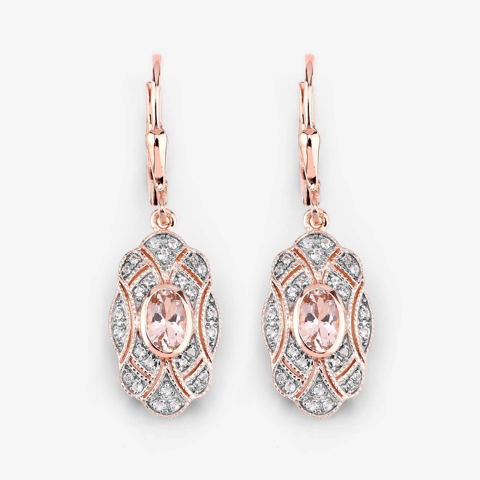 Morganite Earrings, Genuine Morganite Rose Gold Plated Silver Earrings For Women, Peach Morganite Gemstone Dangling Earrings For Her