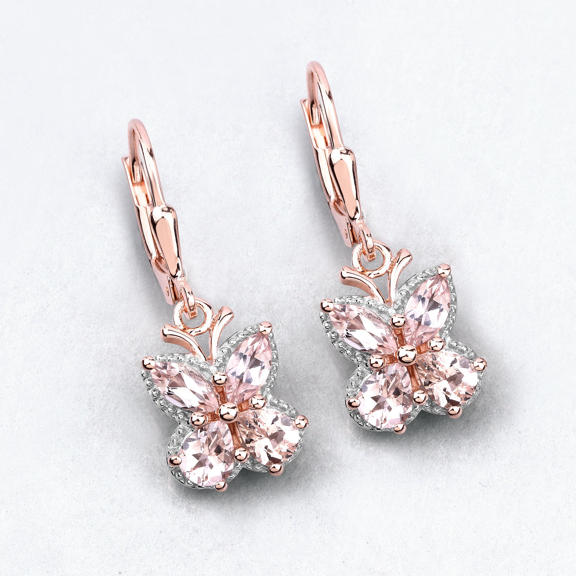 Morganite Earrings, Genuine Morganite Sterling Silver Dangle Butterfly Earrings, Dainty Butterfly Rose Gold Plated Earrings, Bridesmaid Gift