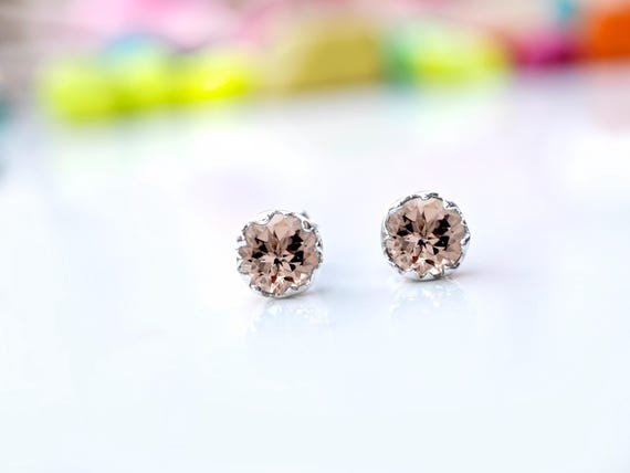 Natural Morganite Earrings For Women Vintage Round Shape Stud Earrings Handmade Sterling Silver Gemstone Earrings Dainty Statement Earrings