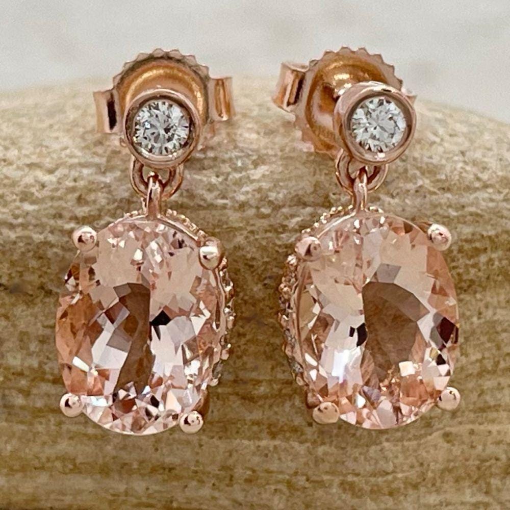 Oval Morganite Dangle Earrings With Filigree Baskets And Diamond Halos, Lifetime Care Plan Included, Genuine Gems And Diamonds Ls6861