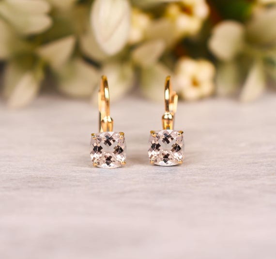 Peach Morganite Earrings - Bridal Earring, Birthstone Jewelry, Cushion Dangle Earing, Gifts For Her