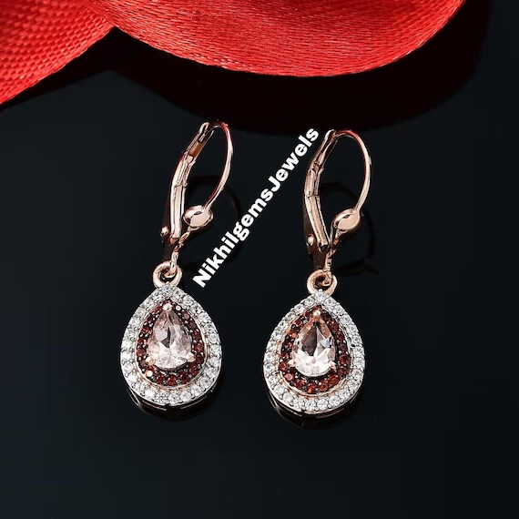 Peach Morganite Pear Stud Earrings: 18k Rose Gold Plated Sterling Silver