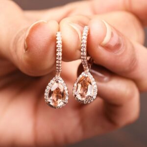 14k Solid Gold Morganite Dnagle Earrings: Rose Gold Bridal Earring, Anniversary Gift, Wedding Jewelry 14k Solid Gold Morganite Dnagle Earrings: Rose Gold Bridal Earring, Anniversary Gift, Wedding Jewelry
