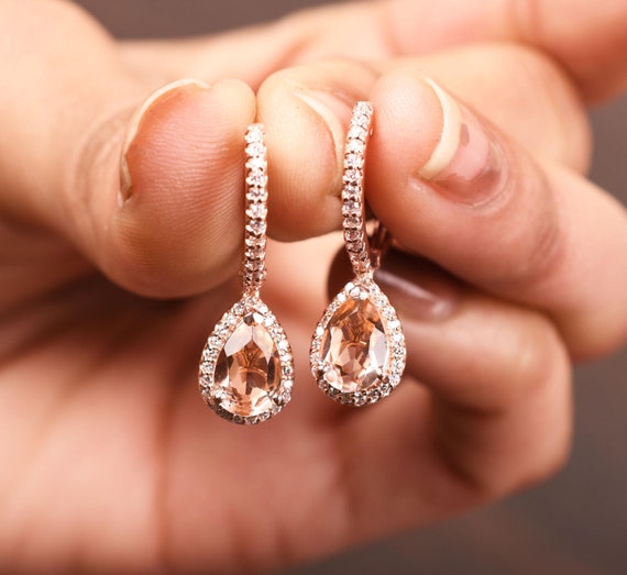 14k Solid Gold Morganite Dnagle Earrings: Rose Gold Bridal Earring, Anniversary Gift, Wedding Jewelry