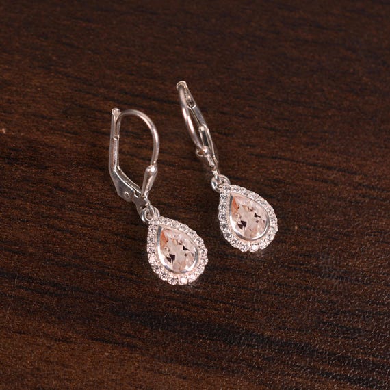 Pear Morganite Leverback Earrings: Sterling Silver Bridal Jewelry Pear Morganite Leverback Earrings: Sterling Silver Bridal Jewelry