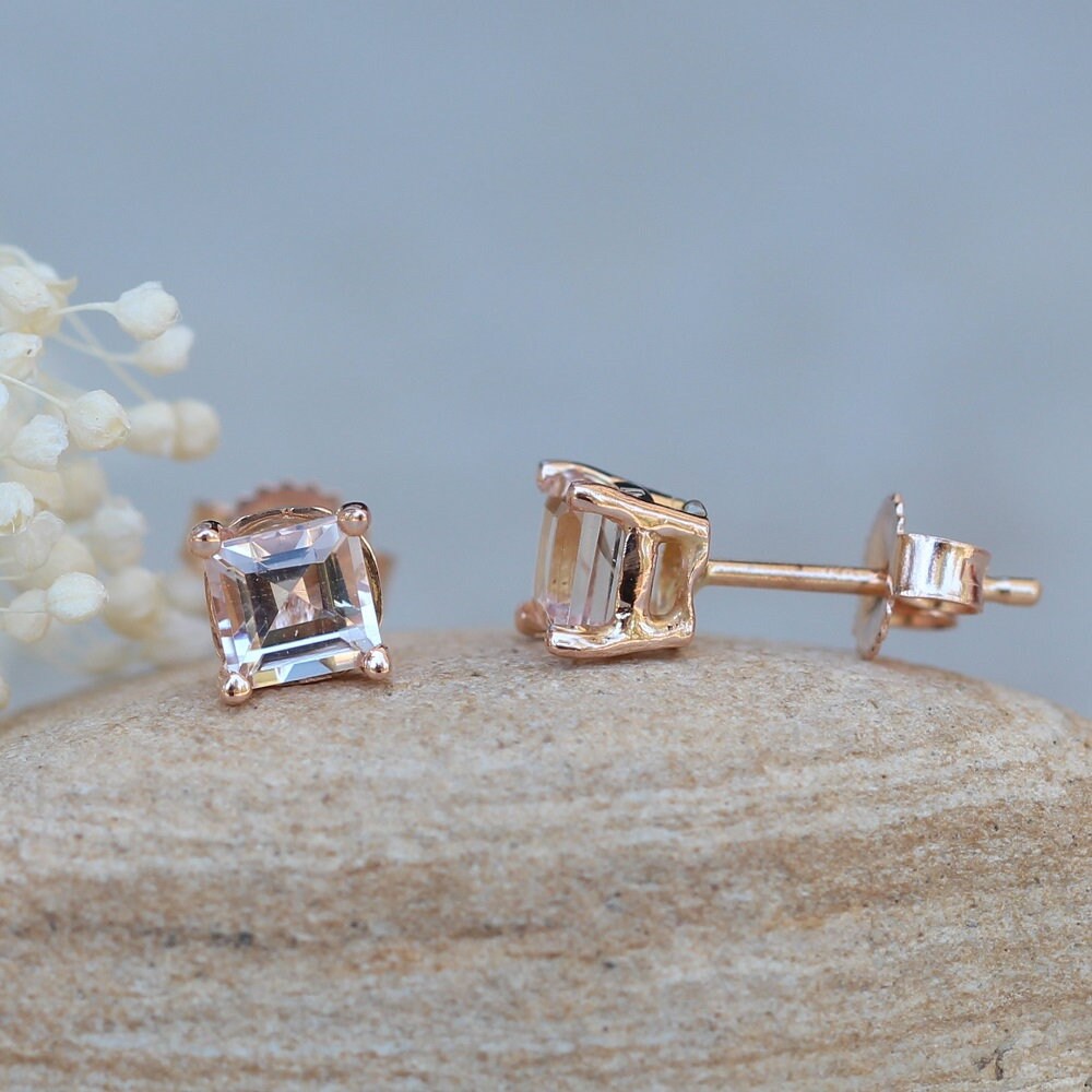 Princess Cut Morganite Earrings, Tiny Push Back Studs, Lifetime Care Plan Included, Genuine Gems And Diamonds Ls6793