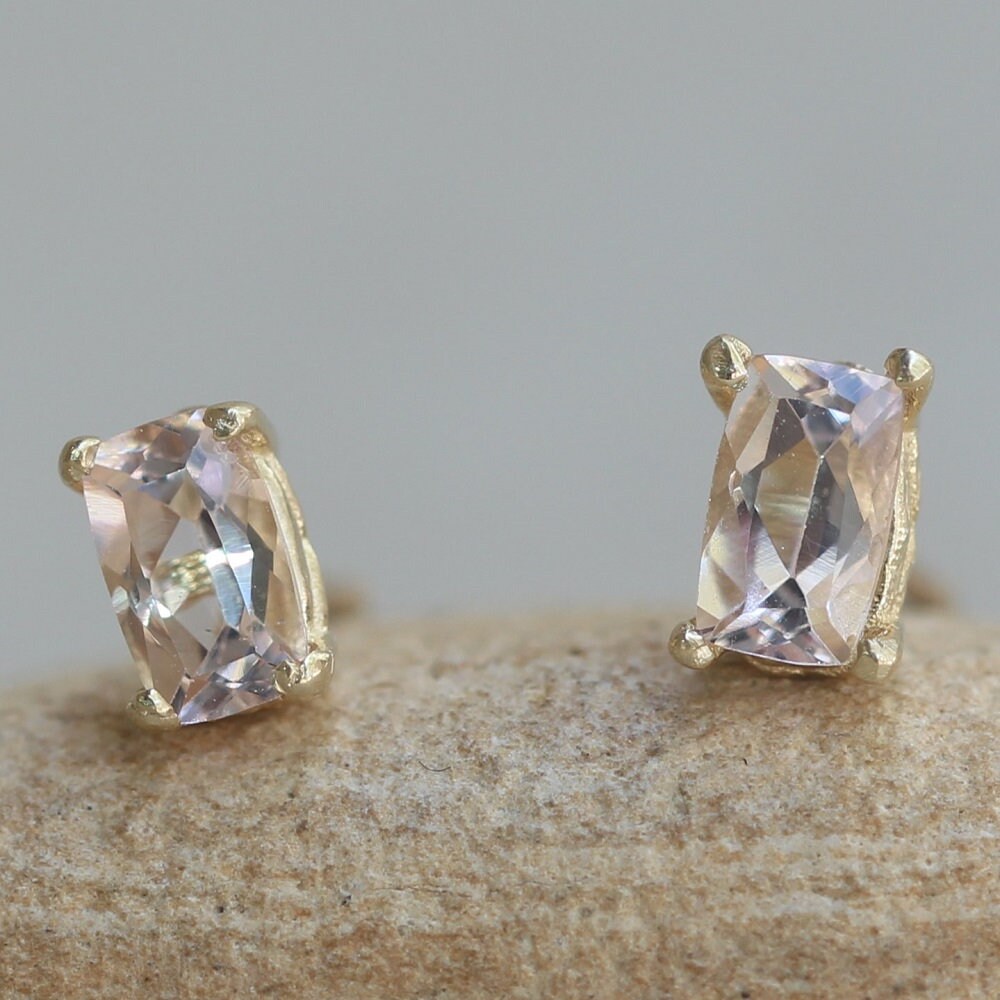 Rectangular Cushion Cut Morganite Earrings, Tiny Push Back Studs, Lifetime Care Plan Included, Genuine Gems Ls6387