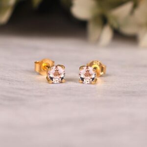 Round Morganite Stud Earrings, Women's Stud, Bridal Jewelry, Wedding Anniversary Gift For Her
