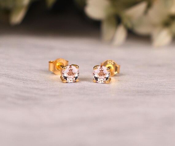 Round Morganite Stud Earrings, Women's Stud, Bridal Jewelry, Wedding Anniversary Gift For Her