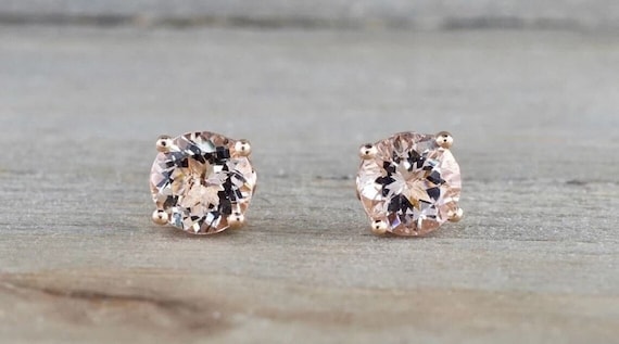 Morganite Stud Earring: Round 6.0mm Birthstone Earrings Bridal Jewelry Wedding Anniversary Gift For Her